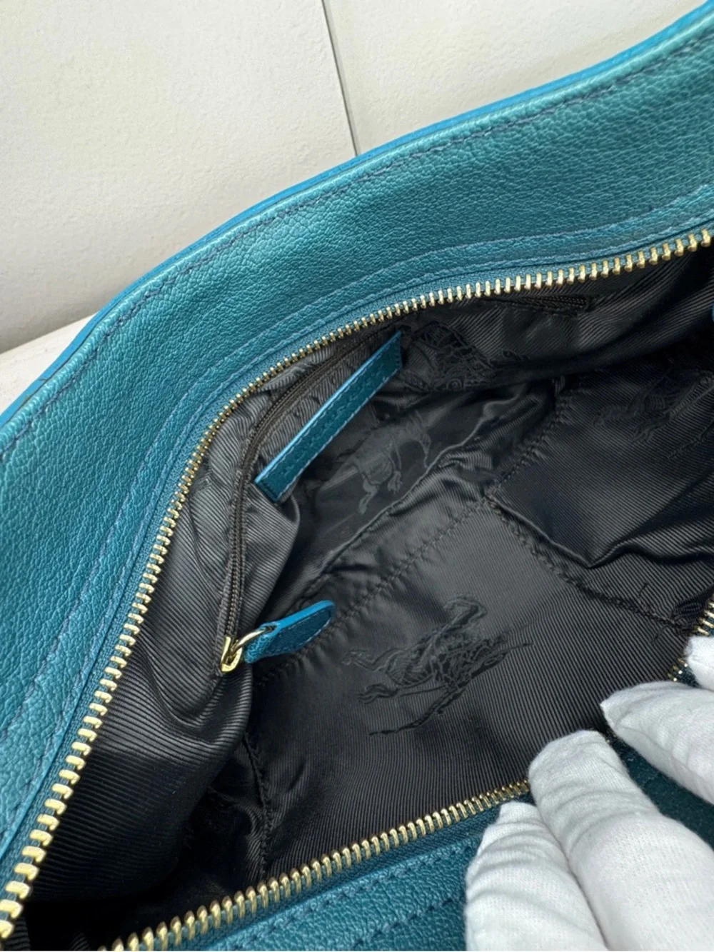 Burberry Pebbled Leather Shoulder Bag Teal Gold Hardware Quiet Luxury Hobo - Picture 10 of 14